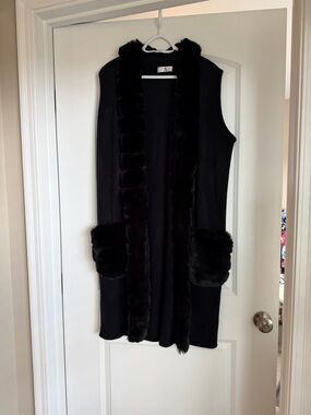 Black Faux Fur-Trim Long Vest